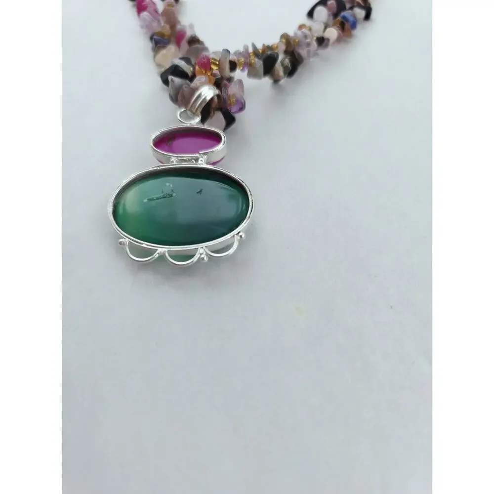 Artisan New Sterling 925 Agate Gemstone Jewel Multi Necklace Colorful Pink Green